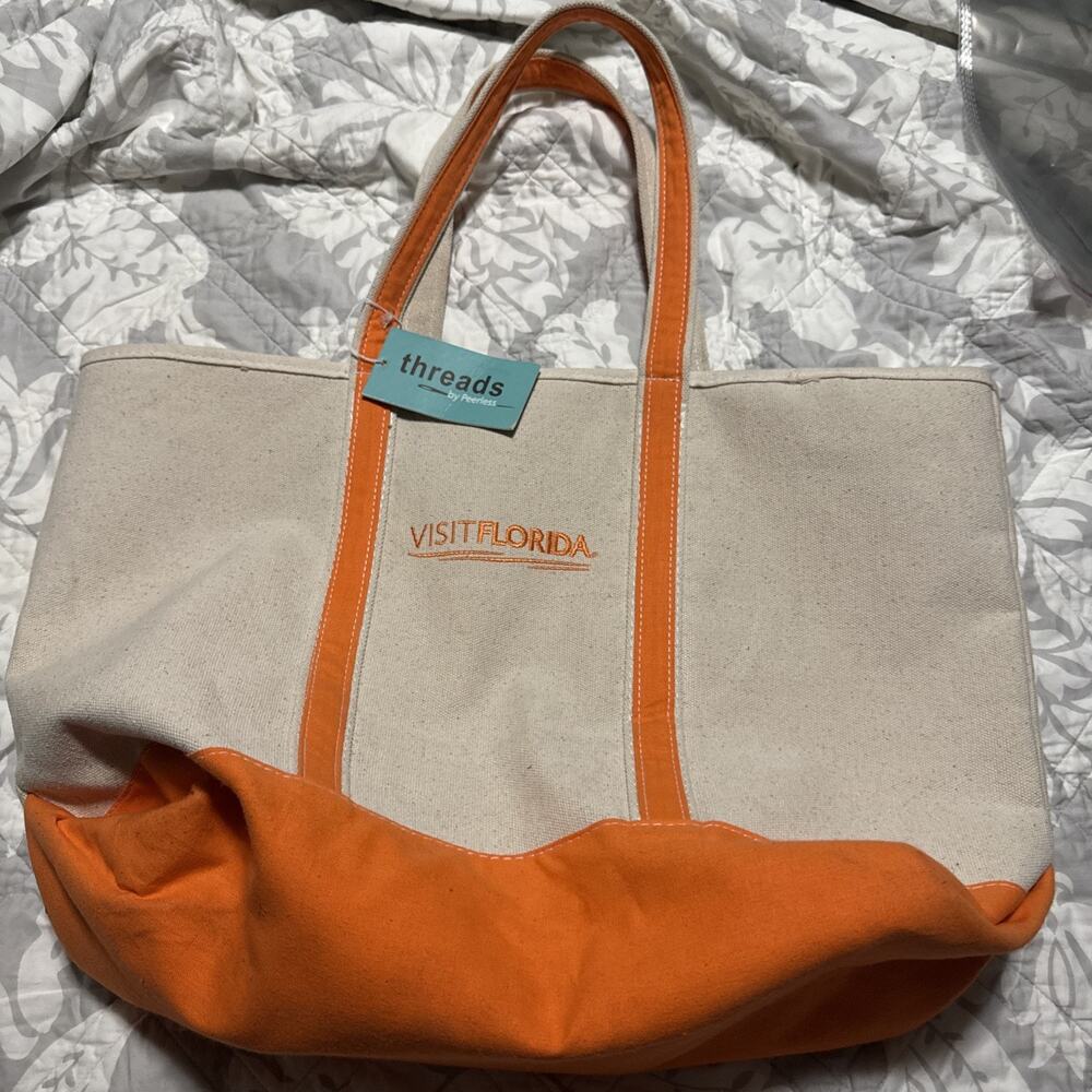 Threads Canvas Visit Florida Tote Bag Orange Trim NWT